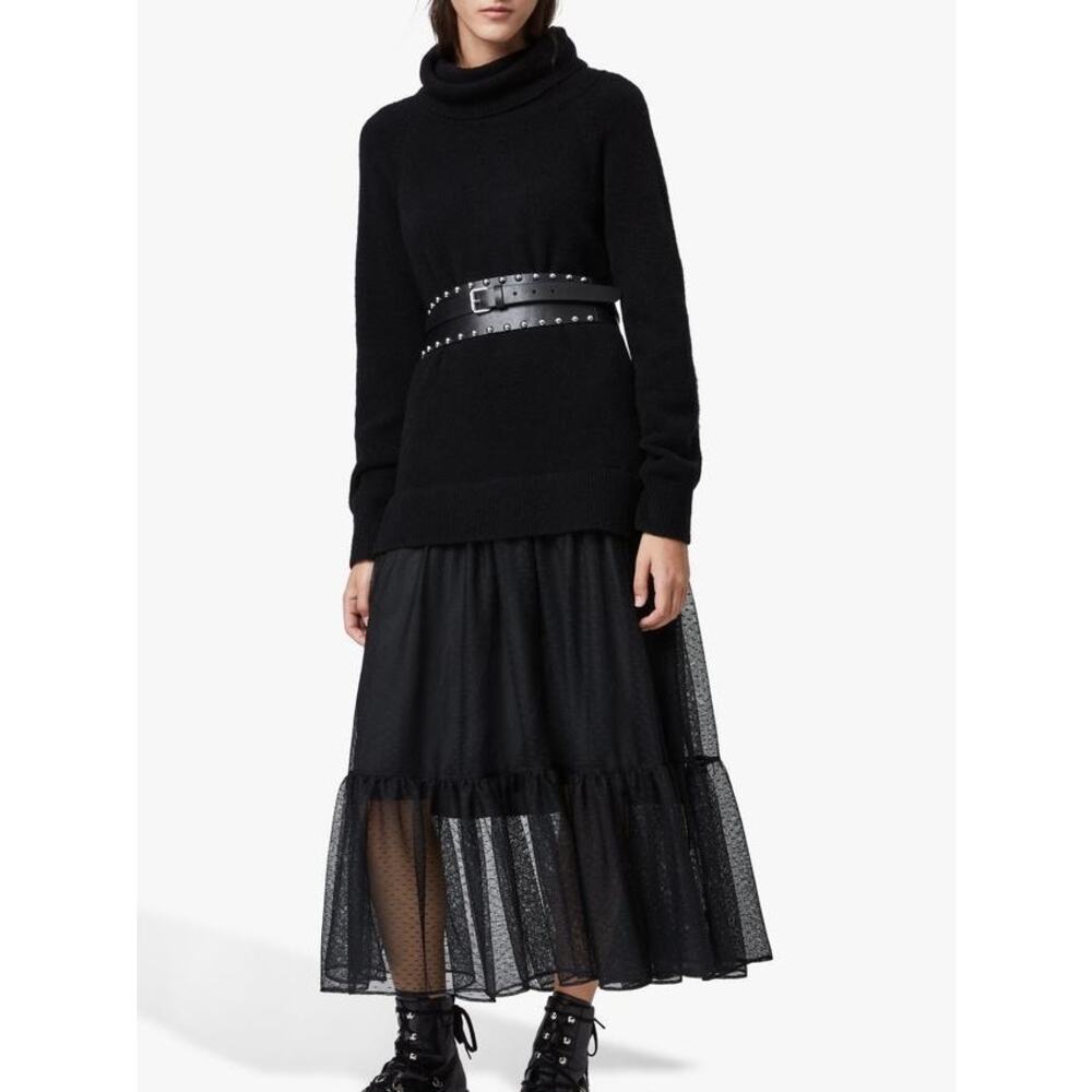 AllSaints Tulla Mixed Media Midi Dress Black Turtleneck Sweater Mesh Skirt Small